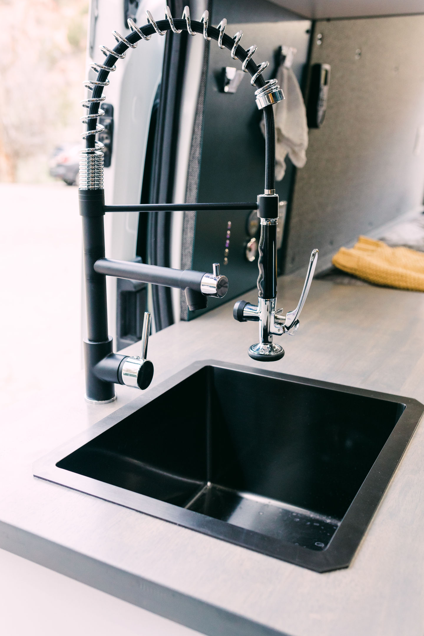 Sink and large counter space in van makes dinner a breeze.