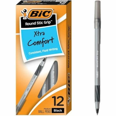 BIC Round Stic Grip Extra Comfort Black Ballpoint Pens, Medium Point (1.2mm), 12