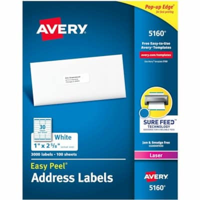 Avery Mailing Label 05160 Easy Peel - 1"" Width x 2 5/8"" Length - 3000 / Box -