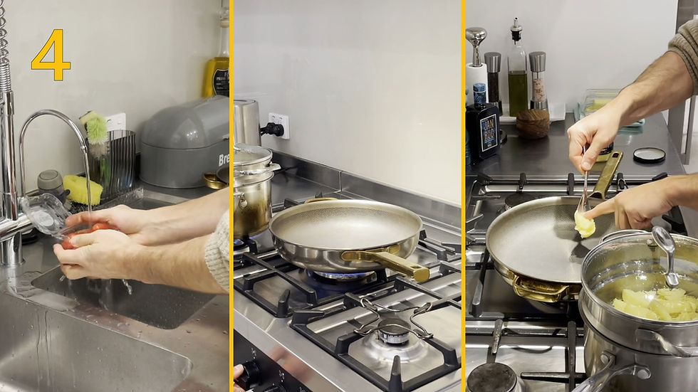 4. Rinse tomatoes and place a pan on the stove; placing some ghee and or coconut oil into the pan.