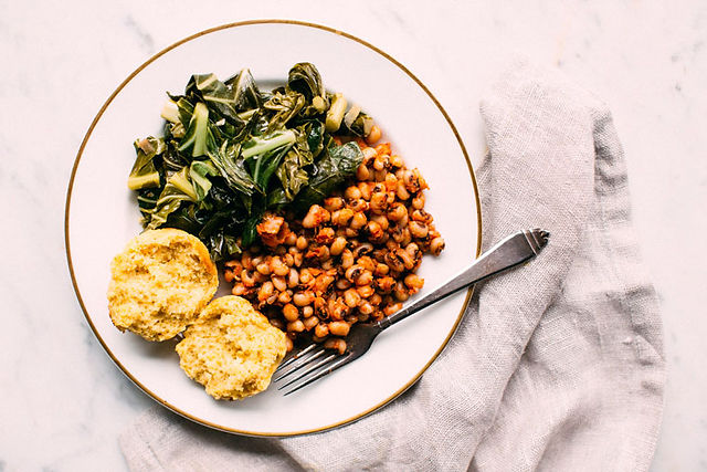 Collard greens, black eyed peas & cornbread are traditional southern dishes served on New Year's Eve. Photo courtesy of @earthyfeast