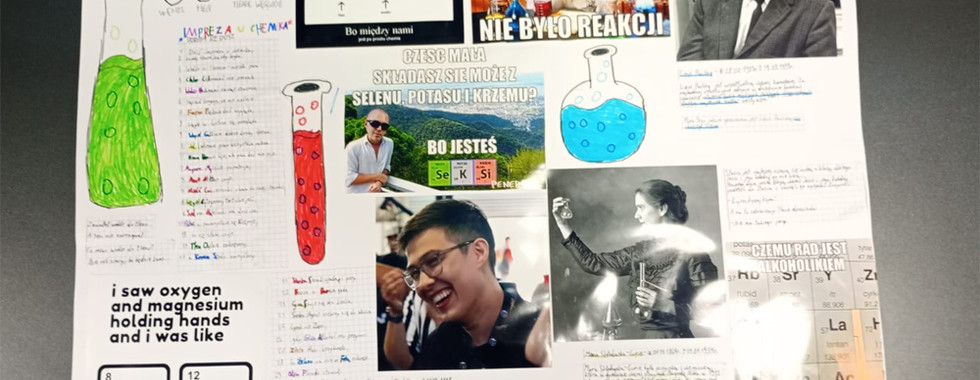 Plakat wykonany przez uczniów zatytułowany Chemia w memach