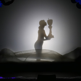 Scena z przedstawienia okolicznościowego w wykonaniu uczniów szkoły - teatr cieni.