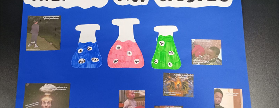 Plakat wykonany przez uczniów zatytułowany: Chemia na wesoło