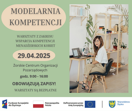 Infografika z informacjami na temat warsztatów i zdjęciem kobiety, która siedzi za biurkiem.