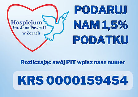 Logo żorskiego hospicjum, numer KRS oraz napis: Podaruj nam 1,5% podatku.