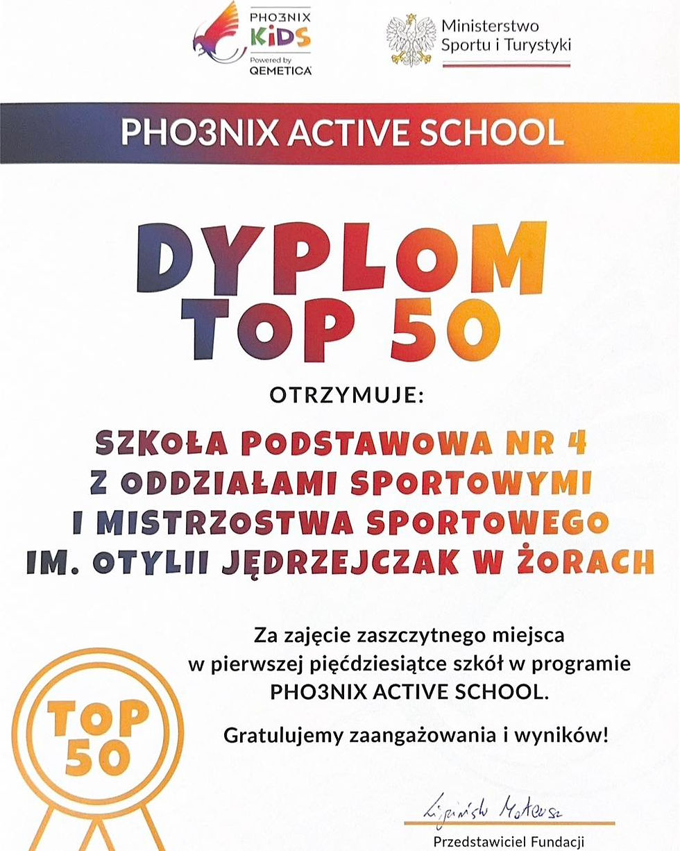Dyplom dla SP4 Żory za udział w programie Pho3nix Active School