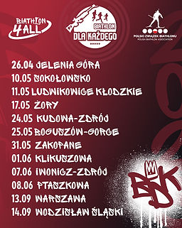 Plakat informujący o miastach, w których odbywa się cykl zawodów sportowych.