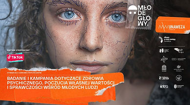 Plakat informujący o projekcie pn.Młode Głowy, w tle twarz młodej dziewczyny popisana długopisem.