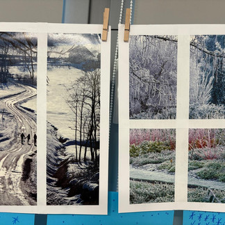 Zdjęcia przedstawiające zimowe krajobrazy, zawieszone klamerkami na sznurkach