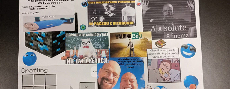 Plakat wykonany przez uczniów zatytułowany Chemia w memach