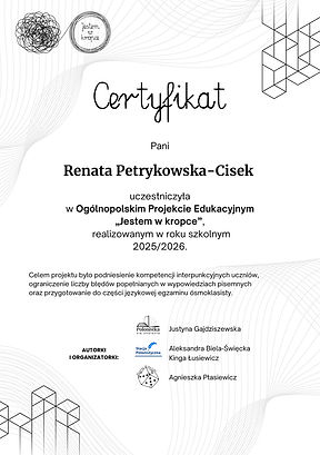 Certyfikat dla nauczyciela potwierdzajacy udział w projekcie