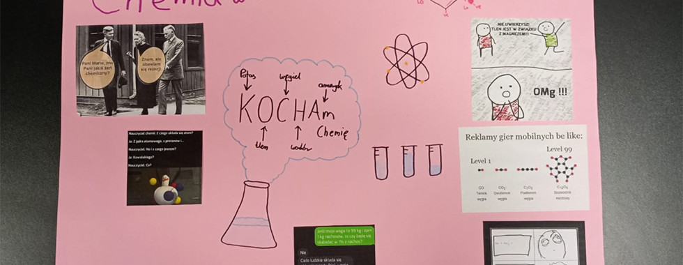 Plakat wykonany przez uczniów zatytułowany Chemia w memach