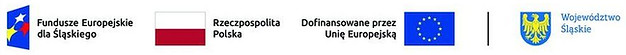 Flaga Polski, godło województwa śląskiego, flaga Unii Europejskiej i logo Funduszy Europejskich dla Śląskiego