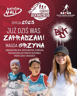 Plakat informujący o imprezie sportowej ze zdjęciem biathlonistki Magdy Grzywy i dwójką biegnących dzieci.