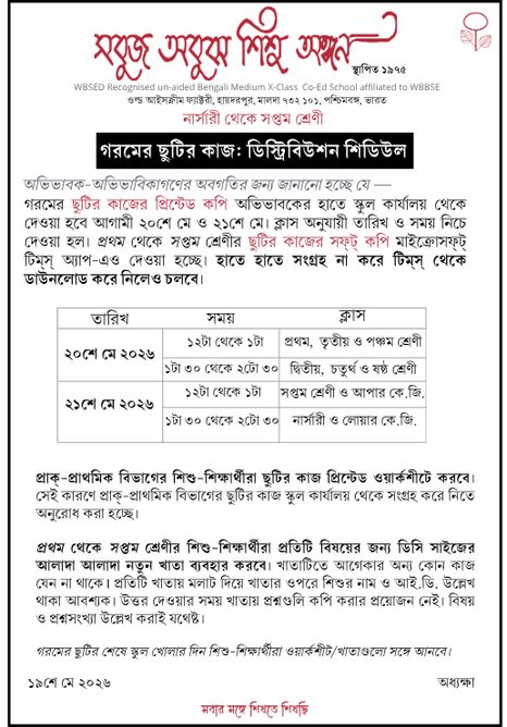 গরমের ছুটির কাজ: ডিস্ট্রিবিউশন শিডিউল: নার্সারী থেকে সপ্তম শ্রেণী