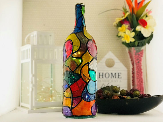 Multi Colored Stained Glass Light up Bottle