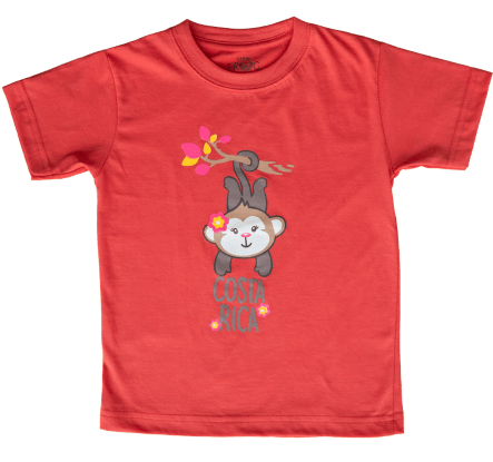 Camiseta infantil roja con monita, ideal para niñas aventureras que aman los animales y sueñan con visitar Costa Rica.