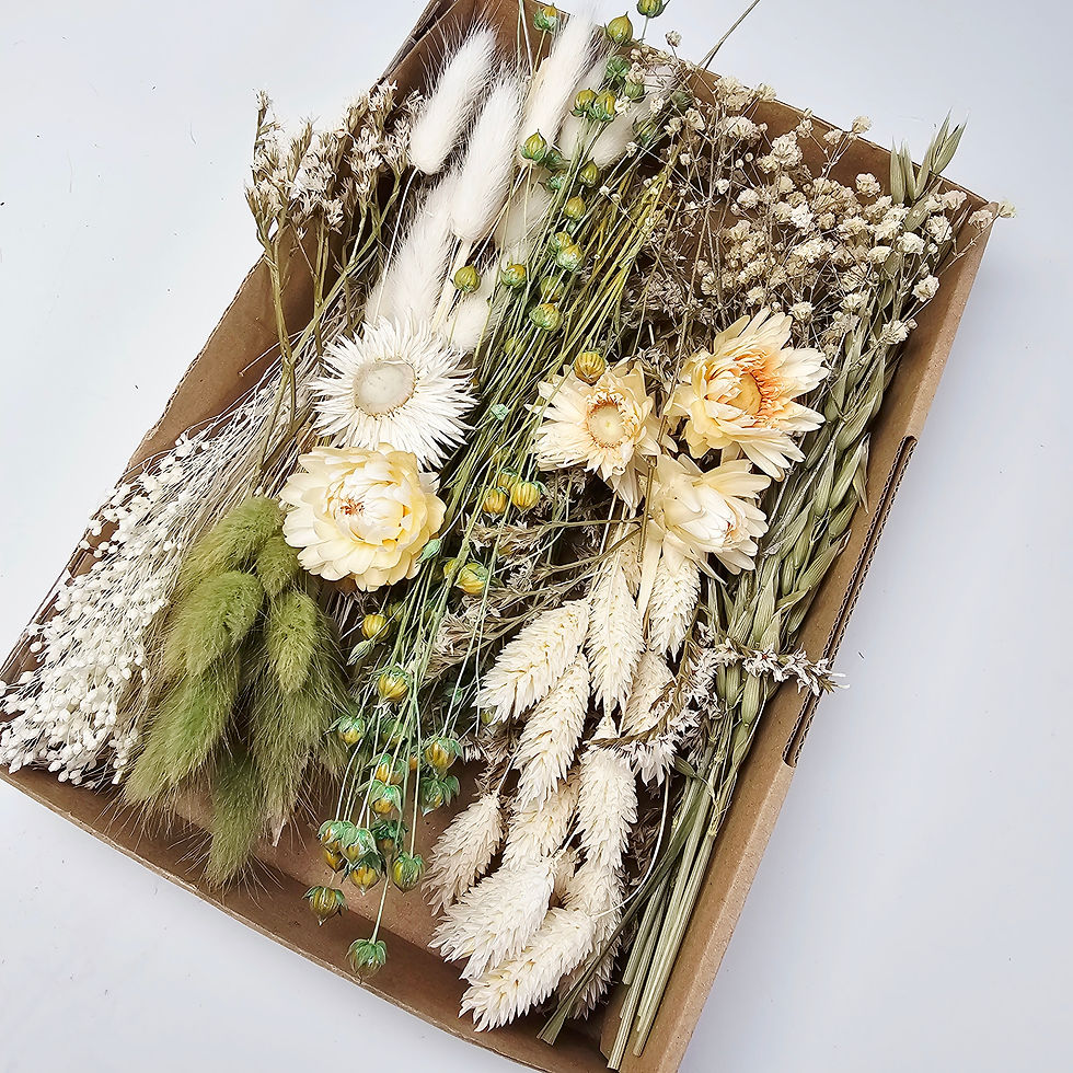 Die Blumenbox enthält eine Auswahl an 5-7 Sorten Trockenblumen in den Farbtönen grün, weiß, creme und beige.