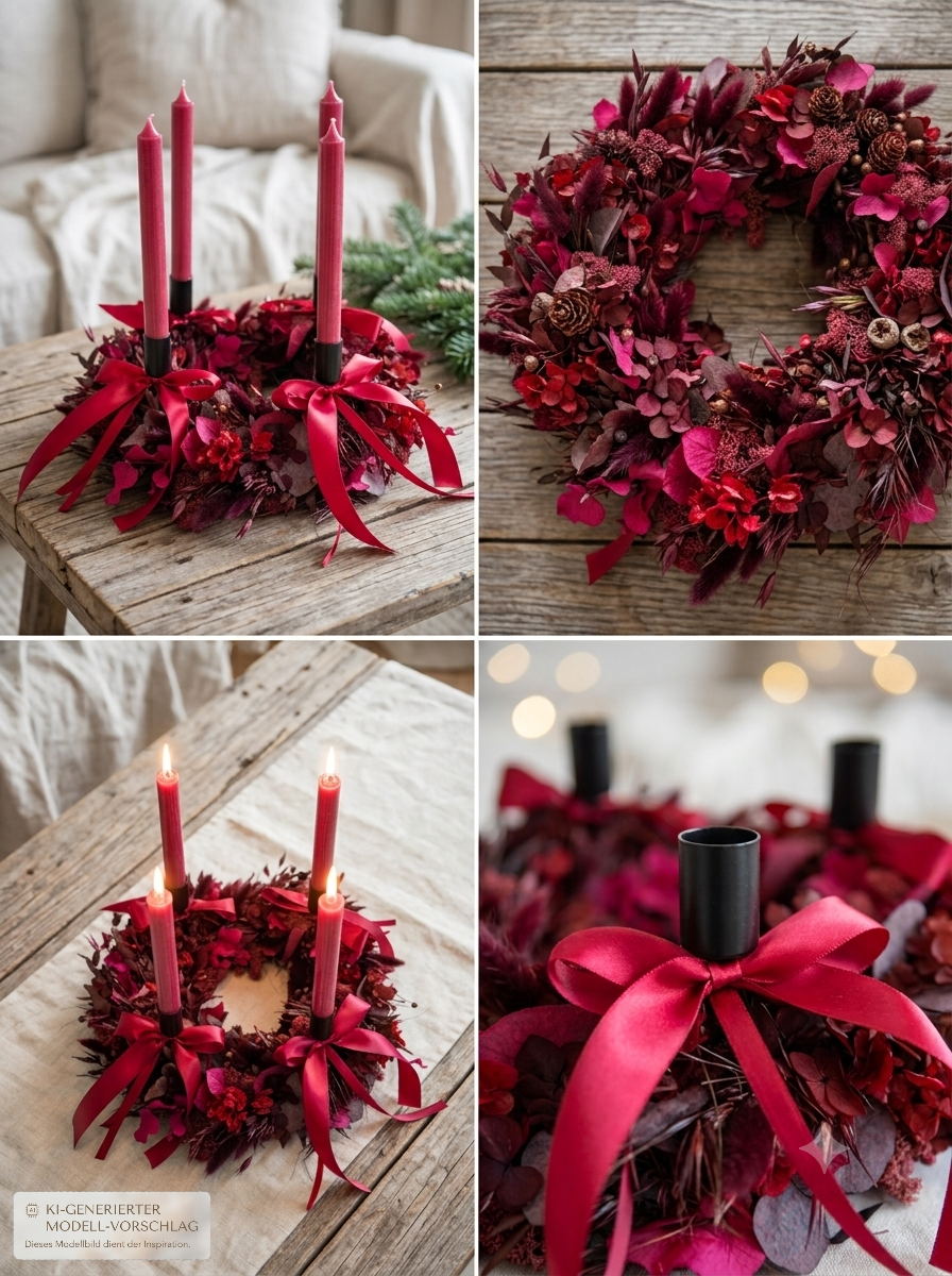 Miniaturbild: Adventskranz Trockenblumen Bordeaux Rosa mit Kerzen & Schleifen