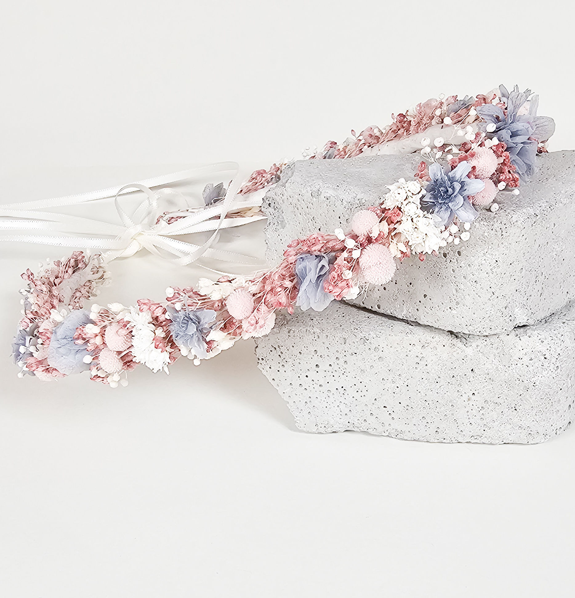 Haarkranz Kommunion, Blumenkranz Mädchen, Kopfkranz Hochzeit, Trockenblumenkranz creme blau, Blumenschmuck Haar, Brautschmuck