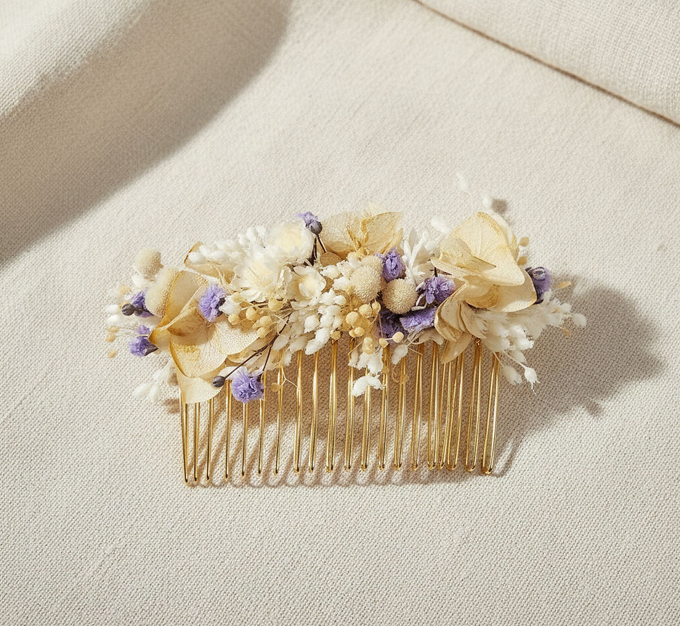 Miniaturbild: Haarschmuck aus Trockenblumen in gelb-lila