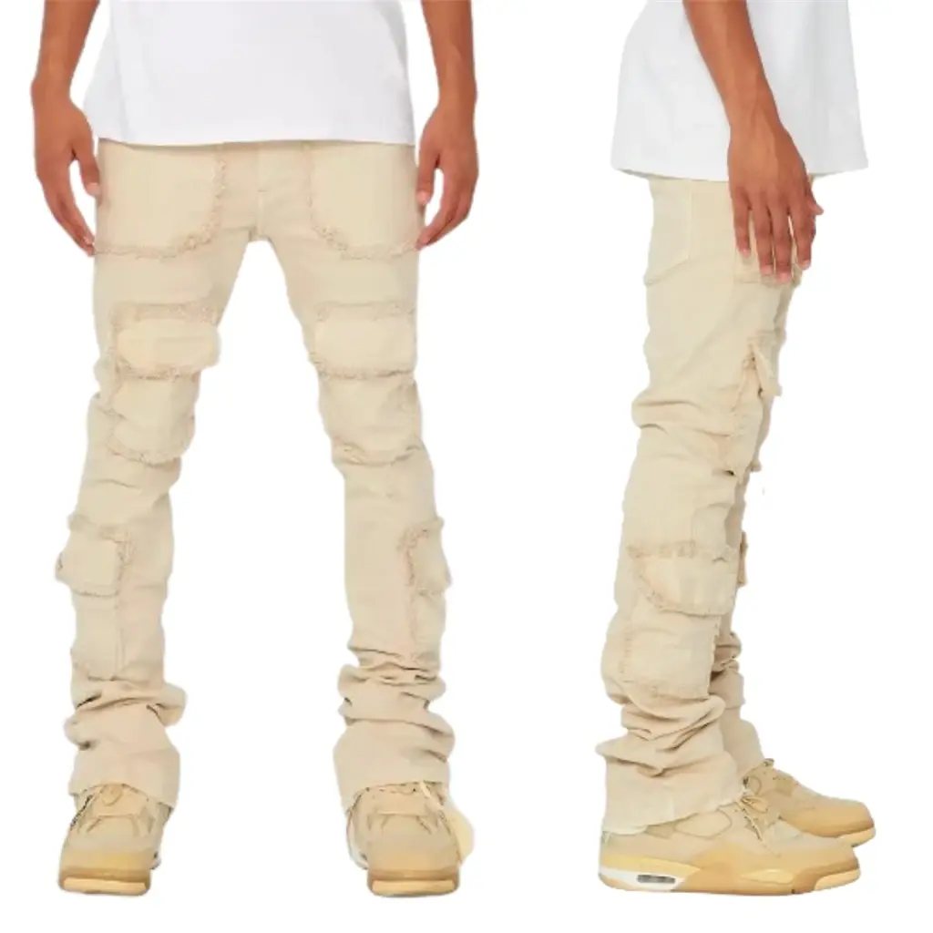 Men Stacked Denim Cargo Pants – Patchwork Multi Pocket Flared Jeans