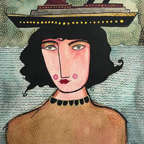 Head & shoulders of a woman with a hat-sized steamship perched on her on surrounded by starry sky and ocean. Surreal and strange (yet beautiful)