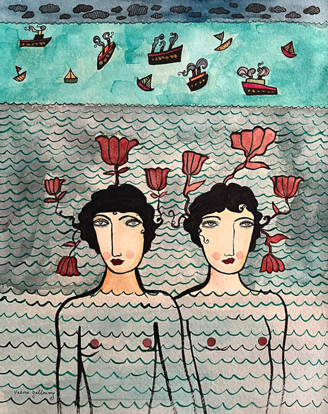 Sirens adrift in the water-waves with red flowers and ships aplenty. Entrancing!