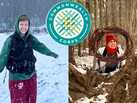 A photo of Commonwealth Corps members, Cassidy and Zoe, with the logo in between.
