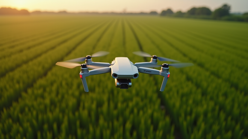 High angle view of a drone flying over a large green crop field
