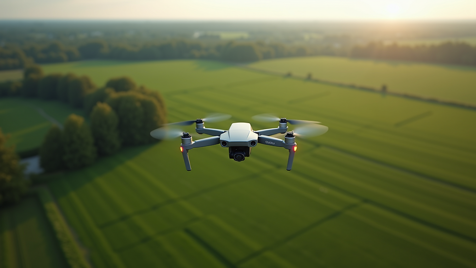 High angle view of a drone flying over a green countryside landscape