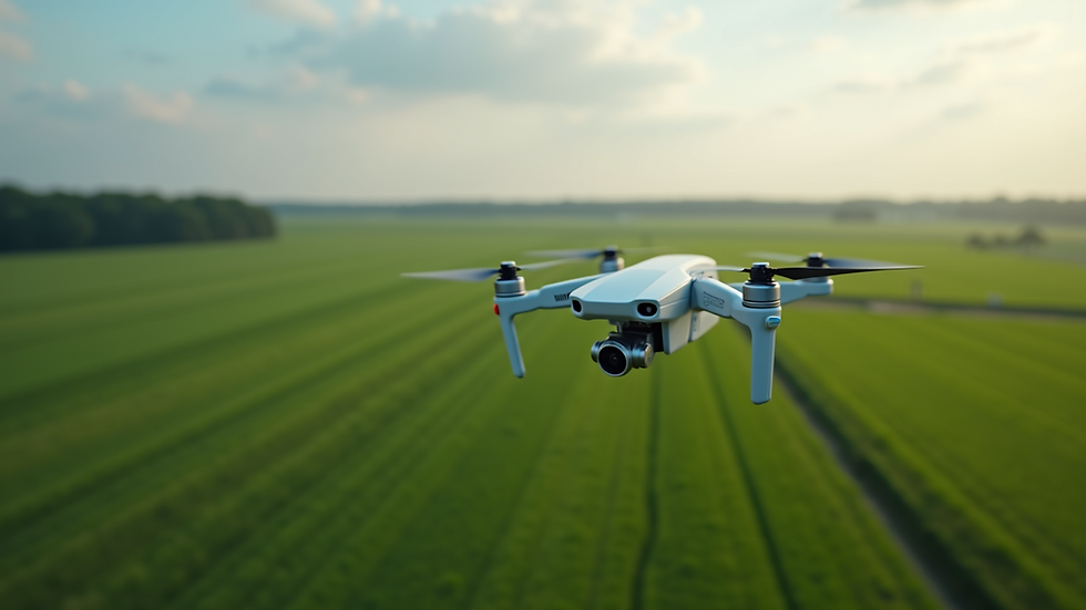 High angle view of drone flying over green fields