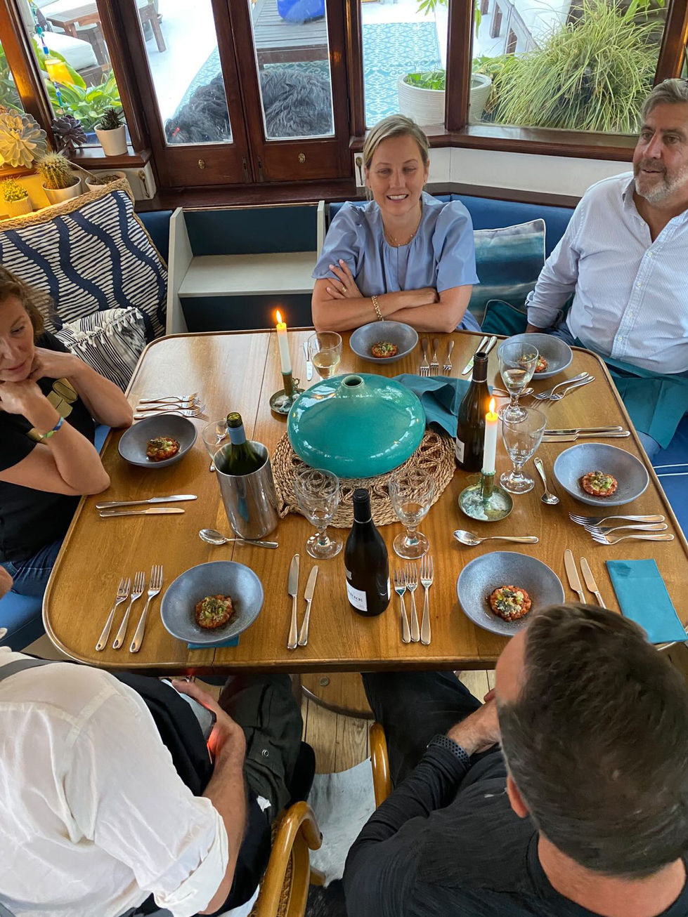 Private dining at its best. First starter has arrived and the dog is on the deck. Only 5 more courses to go chef thames london restaurant hotel