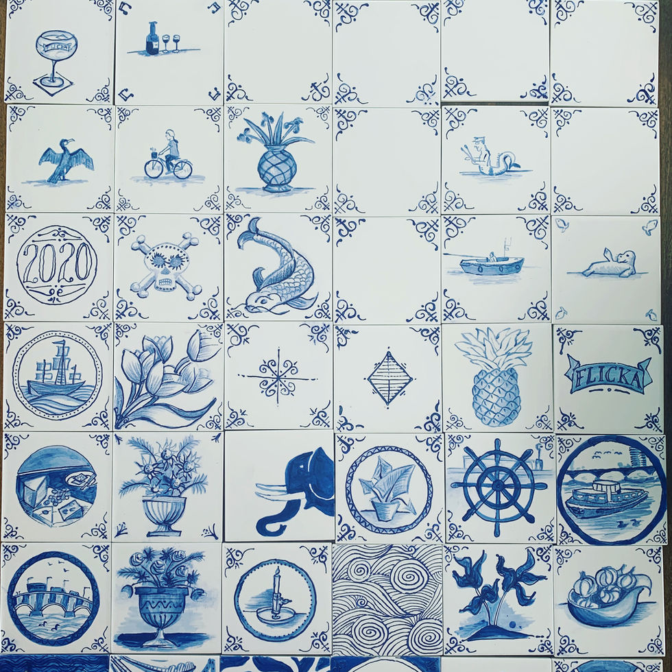 We painted our own Dutch style tiles for behind the wood burner in the Wheelhouse. Battersea London hotel