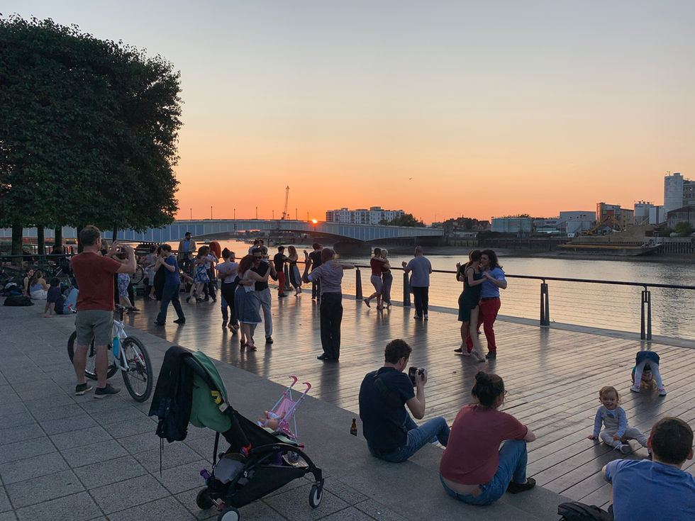 Sunset Tango lessons on the Thames path near the boat. battersea london hotel