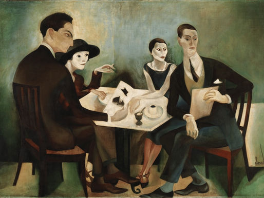 Auto-Retrato num grupo (1925) de José de Almada Negreiros — autoportrait en groupe avec la danseuse Júlia de Aguilar, l’actrice Aurora Gil et le scientifique Francisco Nazareth, peint pour décorer le café A Brasileira à Lisbonne. Œuvre prêtée par le Centre d’Art Moderne Gulbenkian, exposée au Museo Reina Sofía à Madrid.