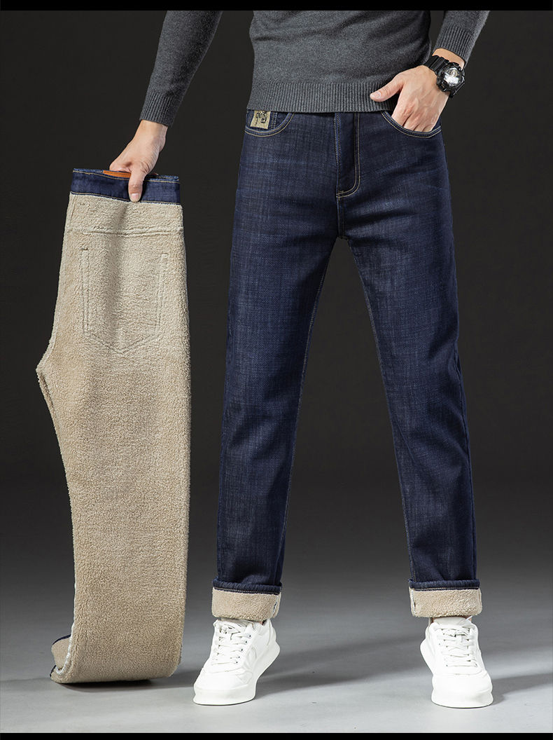 Thumbnail: Winter Lamb Fluff Denim Straight Pants Men Thicken Big Size 40 Jeans High Waist 