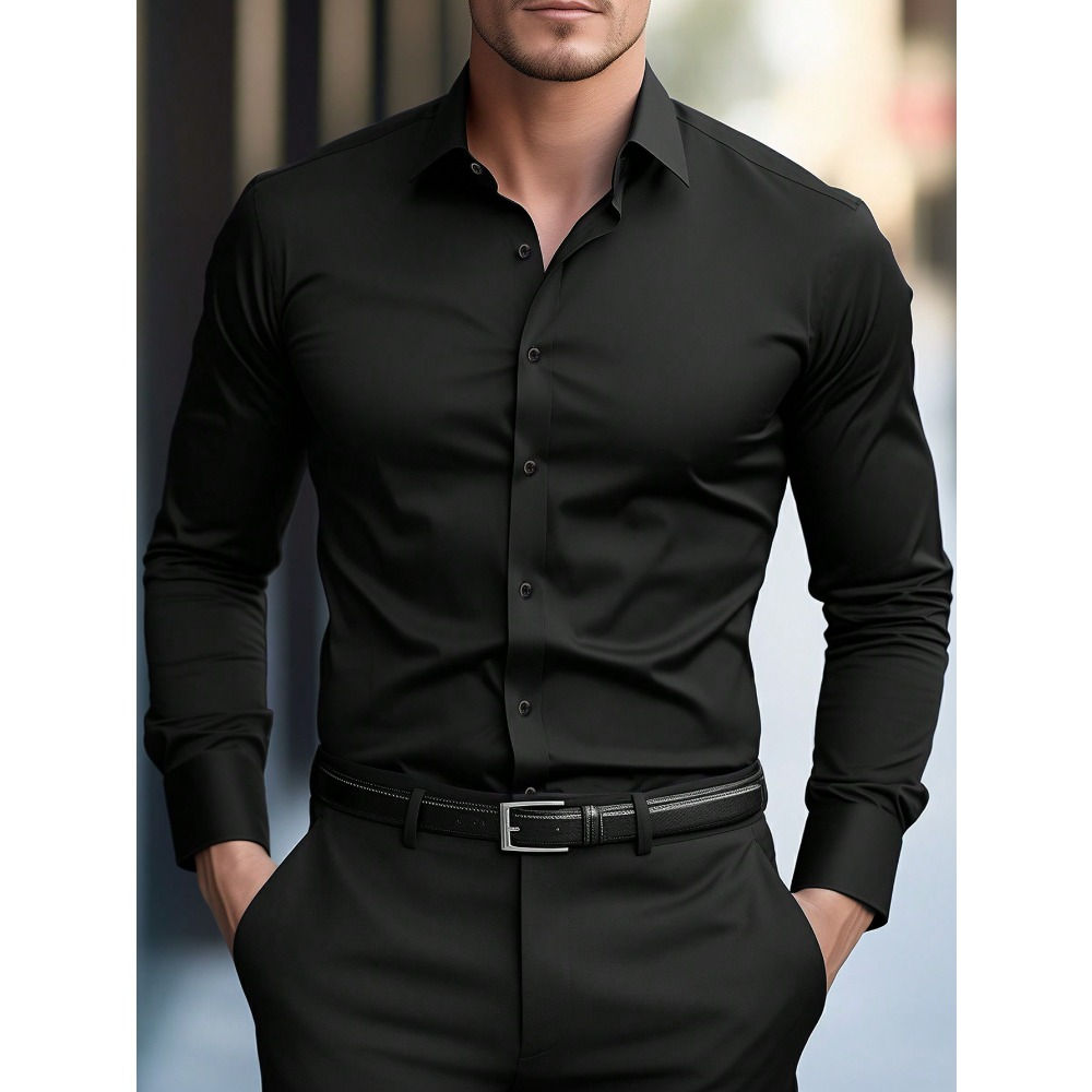 2025 Men's Shirt Brand New Solid Color Long Sleeve Smart Casual Four Season Elas