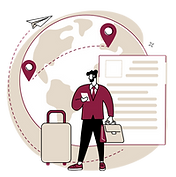 A visitor with a suitcase with a globe in the background
