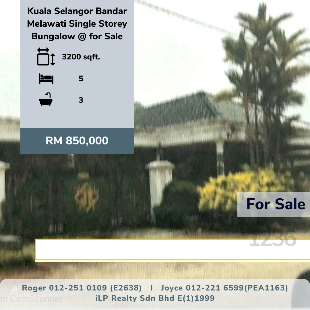 Kuala Selangor Bandar Melawati Single Storey Bungalow @ for Sale