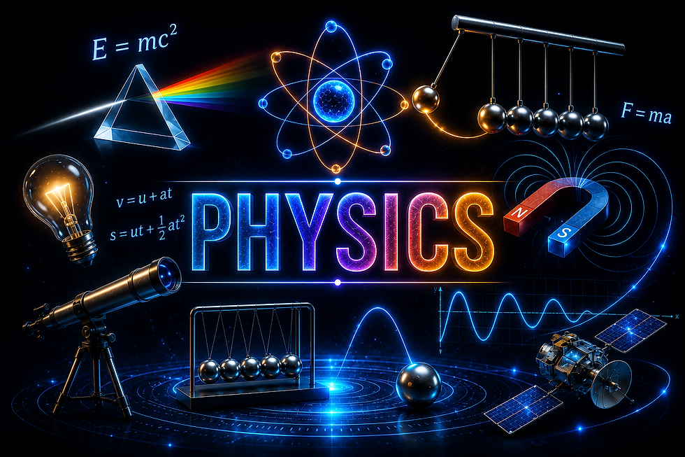 Dark blue banner with physics icons: E=mc² formula, a prism splitting light into a rainbow, a glowing lightbulb, motion equations, an atom model with orbiting electrons, a Newton's cradle, a horseshoe magnet with field lines, a wave graph, a telescope, a bouncing ball trajectory, and a satellite in orbit.