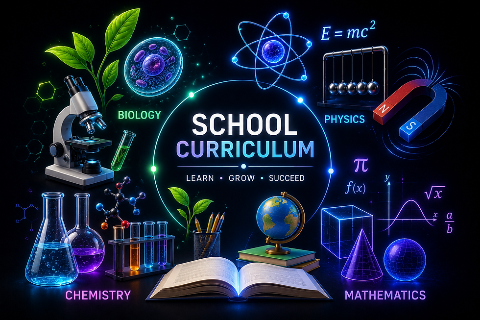Dark blue digital banner titled "SCHOOL CURRICULUM" with tagline "Learn • Grow • Succeed," arranged in a circular layout with four core subjects: Biology (microscope, plant, cell), Physics (atom model, E=mc², pendulum, magnet), Chemistry (flasks, test tubes, molecules), and Mathematics (open book, globe, geometric shapes, pi symbol, graph).