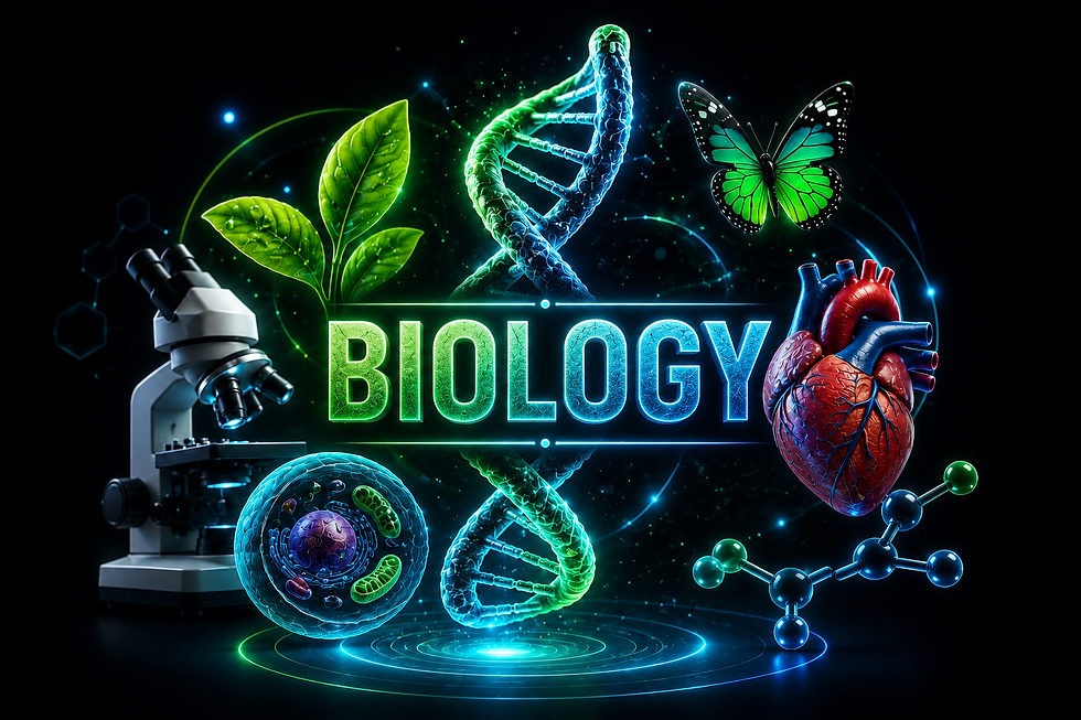 Dark background featuring a glowing green-to-blue DNA double helix at the center, surrounded by biology icons: a microscope, green leaves, a plant/animal cell cross-section, a human heart with visible blood vessels, a green butterfly, and a molecular structure model.