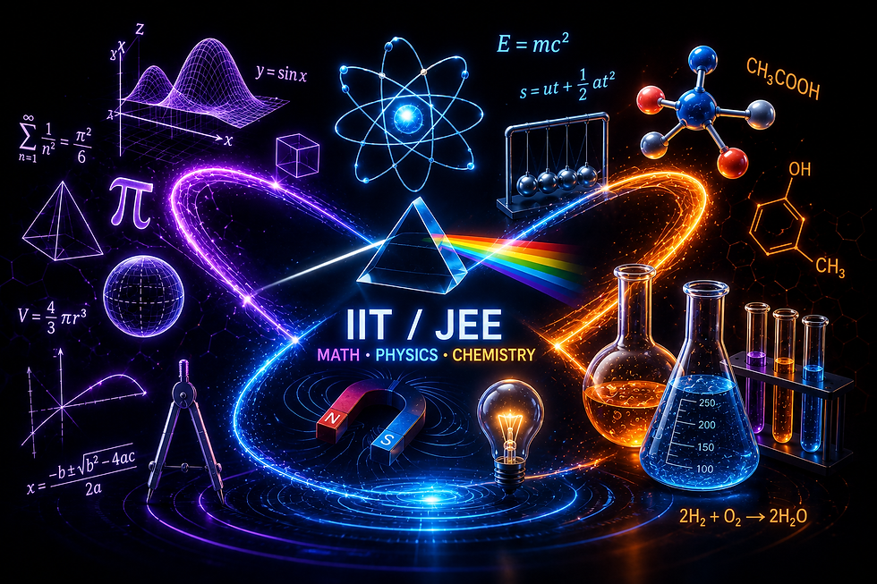 Dark banner titled "IIT / JEE" with subtitle "Math • Physics • Chemistry," featuring a glowing prism splitting light into a rainbow at the center. Surrounded by math symbols (pi, integrals, 3D graphs, formulas), physics icons (atom model, Newton's cradle, E=mc², magnet), and chemistry elements (molecular structures, chemical formulas, flasks and test tubes with colored liquids).
