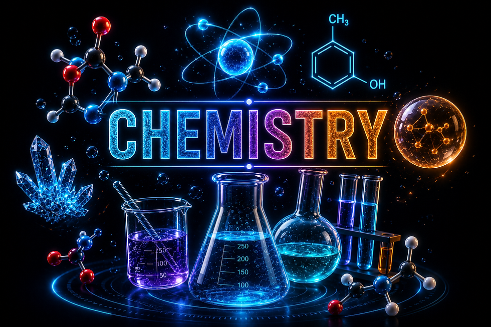 Dark blue banner featuring chemistry visuals: a complex molecular structure, an atom model, a benzene ring with CH₃ and OH labels, glowing crystal, beaker and flasks with colored liquids, test tubes, and multiple ball-and-stick molecule models in red, blue, black, and white.