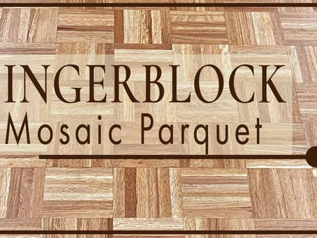 Close-up top-down view of Fingerblock Mosaic Parquet wood flooring with a digital text overlay that reads FINGERBLOCK Mosaic Parquet