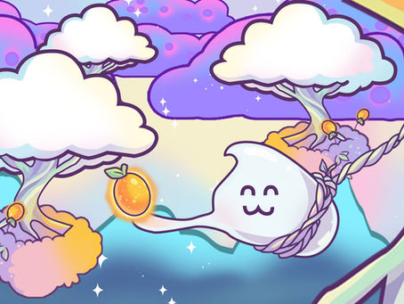 slimey the adventurer is reaching for a glowing kumquat fruit in the floating orachard while anchored to a tree with rope among blueberry clouds