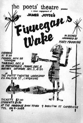 1955 poster for "Finnegan's Wake" at the Poets' Theatre, featuring a stylized mechanical figure and performance details.