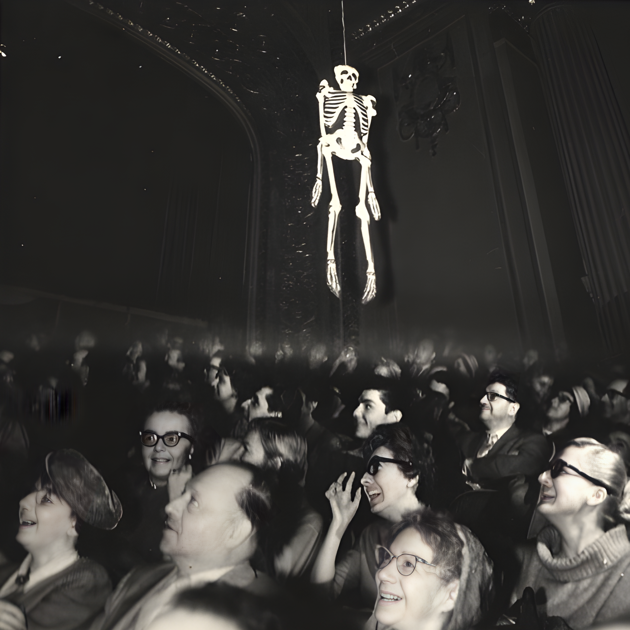 Crowd in a dark hall looks up smiling at a hanging skeleton decoration, creating a spooky, amused mood.
